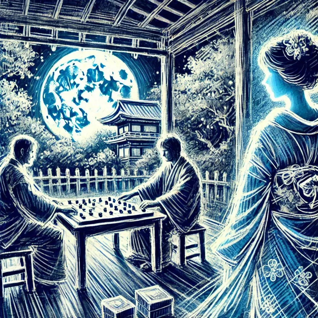 一個滿月之夜，兩位男子在寺廟五重塔前下棋。一位身穿藍色和服的女鬼在月光下靜靜地注視著他們，水墨畫風格的插圖。